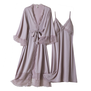 春夏季性感蕾丝睡衣女，薄款冰丝两件套吊带睡裙，睡袍带胸垫加长款