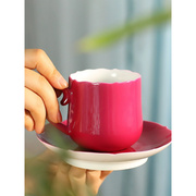 景德镇陶瓷咖啡杯胭脂水釉带托咖啡杯花口杯胭脂红陶瓷杯