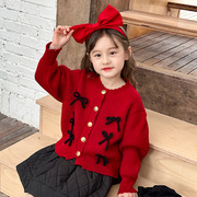 女童针织衫秋冬2023毛衣甜美红色蝴蝶结包芯纱针织新年外套潮