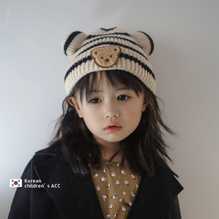 儿童毛线帽子日系男童女童，可爱条纹小熊冬季保暖加厚韩版针织宝宝