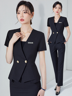 黑色短袖西装外套女夏季美容院工作服前台接待职业装西服套装