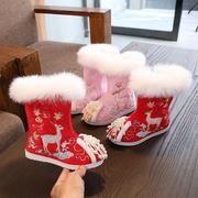 冬季儿童棉靴汉服鞋加绒公主，鞋女童靴子绣花鞋，中国风宝宝棉鞋