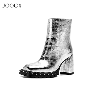 jooc玖诗短靴秋冬个性银色，粗高跟女鞋铆钉防水台时装靴