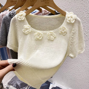 圆领马海毛针织衫T恤女夏季法式花朵设计感小众短款修身短袖上衣