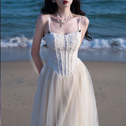 2023夏法式浪漫干枯玫瑰蕾丝网纱吊带连衣裙仙女纱裙海边度假裙