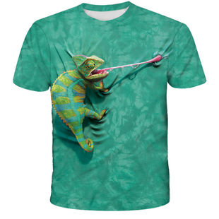 欧洲站短袖t恤潮流印花2024男士3D立体蜥蜴个性宽松圆领上衣