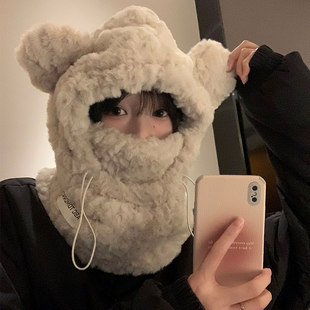 可爱加厚毛绒小熊帽子围巾一体，女秋冬季韩版保暖护耳帽骑车防寒潮