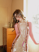 smol粉色针织外套女薄款秋装设计感亮片上衣修身长袖小开衫