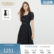 Scofield通勤方领泡泡袖连衣裙优雅收腰小黑裙女装年夏季