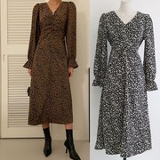 韩国女装2022秋季棕色抽褶V领长袖豹纹长裙连衣裙子