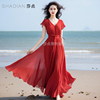 红色连衣裙雪纺短袖夏季御姐气质高级感长款裙子，海边度假长裙