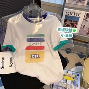 短袖T恤女潮2022夏季韩版大码宽松彩色涂鸦圆领撞色显瘦上衣