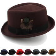 春秋冬季男女通用菱形顶帽子英伦绅士毛呢礼帽羽毛装饰平顶爵士帽