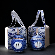 均能手造 茶叶包装盒定制 茶叶罐陶瓷密封罐配布袋约150克青花瓷