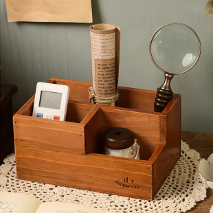 zakka日式木制复古办公桌面木盒 收纳盒笔筒 多功能创意遥控器盒