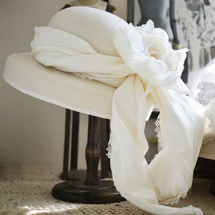 法式赫本风白色玫瑰花羊毛，礼帽大檐蝴蝶结礼服复古造型英伦帽子