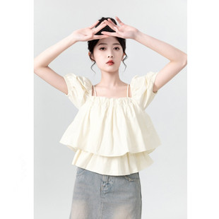 日本sly杏色一字肩，吊带泡泡袖娃娃衫女2024方领短袖衬衫