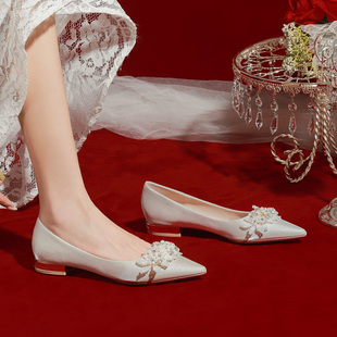 婚鞋女平底婚鞋新娘鞋女禾秀婚纱两穿2022年白色低跟婚礼鞋