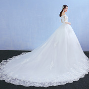 一字肩婚纱礼服新娘，2023长拖尾梦幻，公主韩式长袖显瘦齐地