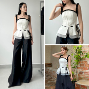 越南小众品牌tinh2023秋季吊带，抽绳黑白撞色收腰套装显瘦