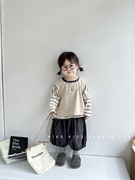 韩版秋季女童，森系棉麻长袖套装中性宝宝气质，马甲灯笼裤三件套