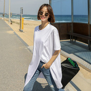 纯棉五分袖T恤女韩版宽松显瘦不规则开叉打底衫夏季中长款上衣潮