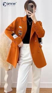 双面羊绒大衣女2023年短款小个子橘色西装双面呢正肩羊毛外套