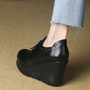 黑色深口坡跟单鞋女春季头层牛皮女鞋系带编织时尚，高跟鞋女9.5cm