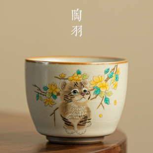 汝窑猫咪主人杯单杯开片可养喝茶盏大号个人专用陶瓷品茗杯功夫具