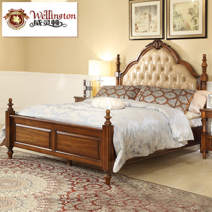 威灵顿美式乡村床实木床，简约欧式床，1.5米双人床真皮公主床a602-16