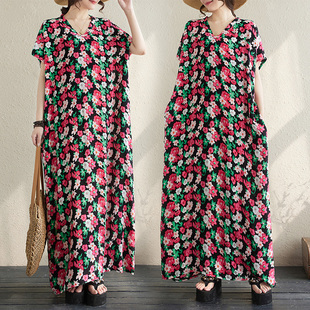 夏韩版宽松遮肉绵绸花色直筒拖地长裙洋气波西米亚V外贸领沙滩裙