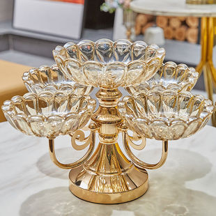 轻奢金色水晶玻璃多层水果盘欧式家用客厅茶几五格零食装饰糖果盘