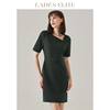 ladyselite慕裁2023秋冬羊毛斜v领短袖连衣裙，气质优雅性感裙子