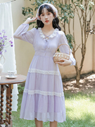 秋季设计感小众法式复古荷叶边紫色连衣裙气质温柔甜美仙女裙显瘦