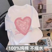 220g重磅100%纯棉卡通印花短袖T恤女宽松时尚圆领上衣体恤衫