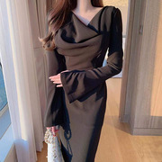 韩国chic法式优雅堆堆领收腰显瘦喇叭袖开叉设计包臀连衣裙长裙女