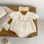 婴幼儿夏装女宝宝套装，韩版刺绣纯色洋气，短袖0-3岁女童公主两件套
