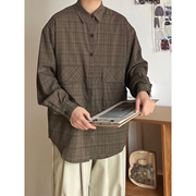 日系男装复古慵懒风大口袋翻领设计格子中性长袖衬衫情侣外套衬衣