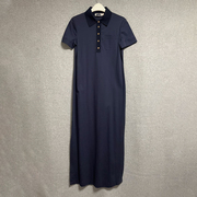 欧美时尚夏季女神范翻领深蓝色通勤宽松腰棉质长款短袖连衣裙
