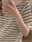 韩国夏季极简主义翻领条纹高级感针织薄款短袖杏色开衫