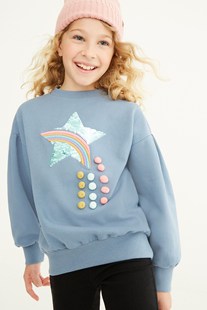 英国NEXT童装女童亲子蓝色星星彩虹毛球卫衣亮片套头衫运动衫