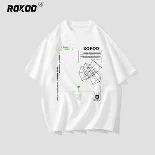 ROKOD高街美式短袖T恤夏季白色宽松纯棉男士几何图案印花圆领半袖