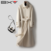 bxv立领双面羊绒大衣女，中长款2023秋双排，扣米白色双面呢外套