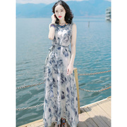 新中式水墨画大码无袖雪纺连衣裙长裙到脚踝高级感气质度假沙滩裙