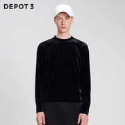 depot3设计师潮秋季款时尚纯色，丝绒打底上衣黑色，圆领套头卫衣男