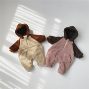 冬韩版婴幼儿双层加绒加厚羊羔毛连帽卫衣连身衣，宝宝爬服哈衣