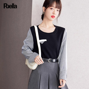 拉夏贝尔Puella三角元素设计时髦复古圆领套头拼接衬衫袖针织衫女