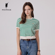 POLOWALK女士短袖针织衫2024夏季清新绿色条纹小个子气质上衣