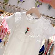 a353女童夏季短袖t恤洋气，蕾丝花边刺绣花朵，儿童纯棉薄款上衣