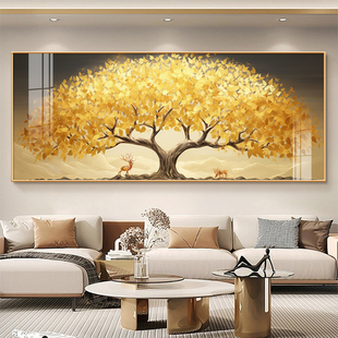 金色黄金发财树大气横板，挂画沙发沙发背景墙，壁画横版晶瓷装饰画